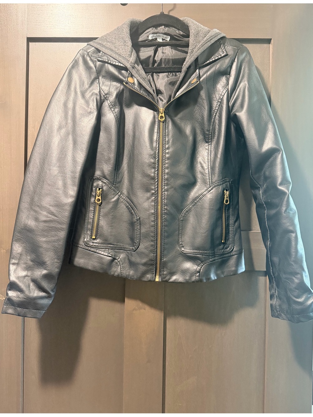 Charlotte Russe Black Hooded Faux Leather Jacket with Gold Hardware